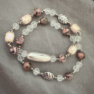 Rhodonite Gemstone Glass 2 Bracelet Stack Upcycled Silver Tone